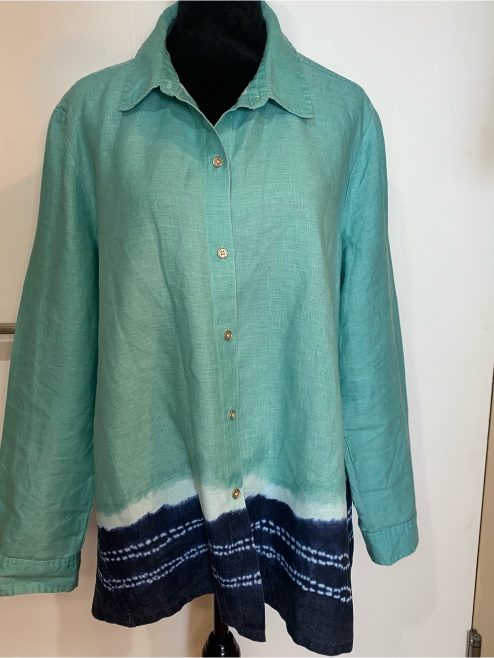Donna Karan Large 100% Linen Green and Navy Tie-Dye Hem Button-Up Shirt
